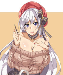 Rule 34 | 1girl, aran sweater, azur lane, belfast (azur lane), belfast (shopping with the head maid) (azur lane), beret, between breasts, blush, border, breasts, brown sweater, cable knit, choker, earrings, food, food between breasts, hat, highres, holding, holding food, holding pocky, hoop earrings, huge breasts, jewelry, large breasts, long hair, nail polish, off-shoulder sweater, off shoulder, olly (ollycrescent), orange background, pocky, purple eyes, red hat, red nails, smile, solo, sweater, white border, white hair