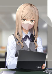 Rule 34 | 1girl, blue neckwear, blurry, blurry background, brown eyes, brown hair, collared shirt, depth of field, dress shirt, grey vest, highres, holding, indoors, long hair, long sleeves, looking at viewer, mask, meth (emethmeth), mouth mask, office lady, original, shirt, solo, tablet pc, upper body, vest, white shirt