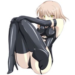 Rule 34 | 00s, 1girl, artoria pendragon (all), artoria pendragon (fate), ass, blonde hair, breasts, fate/stay night, fate (series), female focus, full body, high heels, hugging own legs, latex, leg up, legs, long legs, saber (fate), saber alter, shoes, simple background, solo, thighhighs, thighs, tsukishiro kou, yellow eyes
