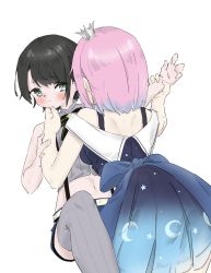 Rule 34 | 2girls, black hair, blue dress, blush, commentary request, crescent, crown, dress, gradient dress, grey legwear, hand on another&#039;s chin, highres, himemori luna, himemori luna (sundress), holding another&#039;s wrist, hololive, looking at another, medium hair, midriff, mini crown, multiple girls, navel, oozora subaru, oozora subaru (work), pink hair, pinkucatjs, short hair, shoulder blades, star (symbol), thighhighs, virtual youtuber, white background, yuri
