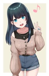 Rule 34 | 1girl, absurdres, bare shoulders, belt, black belt, black hair, black tank top, blue eyes, blue nails, blue shorts, brown cardigan, cardigan, cowboy shot, goriate, head tilt, highres, jewelry, leaning forward, long hair, long sleeves, looking at viewer, mole, mole on neck, musical note, nail polish, necklace, nijisanji, off-shoulder sweater, off shoulder, official alternate costume, onomachi haruka, open mouth, short shorts, shorts, simple background, smile, solo, sweater, tank top, v, virtual youtuber, white background