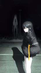 Rule 34 | 1girl, 1other, absurdres, black hair, cr iws t 72, dark, expressionless, from side, grass, hand in pocket, highres, horror (theme), jacket, lamppost, long hair, looking at viewer, monster, night, original, road, shadow, yellow eyes