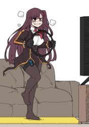 Rule 34 | 1girl, black gloves, black pantyhose, blouse, breasts, breath, brown hair, clenched teeth, collared shirt, couch, exercising, full body, girls&#039; frontline, gloves, hair ribbon, highres, holding, joy-con, leg up, long hair, medium breasts, nintendo switch, no shoes, one side up, pantyhose, purple hair, red eyes, red neckwear, ribbon, ring-con, ring fit adventure, shirt, solo, standing, standing on one leg, sweat, takoongyi2, teeth, television, thigh strap, wa2000 (girls&#039; frontline), white shirt