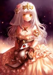 Rule 34 | 1girl, blush, breasts, brown eyes, dragon, dress, flower, gradient background, hair flower, hair ornament, holding, jewelry, light particles, necklace, nishizawa, original, pink flower, pink rose, red eyes, rose, silver hair, smile, veil