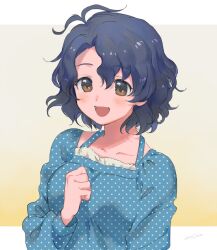 Rule 34 | 1girl, antenna hair, blue dress, blue hair, blush, breasts, clenched hand, collarbone, commentary, dark blue hair, dress, highres, idolmaster, idolmaster million live!, kanatsuki, letterboxed, long sleeves, medium breasts, messy hair, polka dot, polka dot dress, smile, solo, symbol-only commentary, toyokawa fuka, upper body