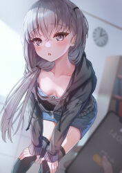 Rule 34 | 1girl, :o, black hoodie, black thighhighs, blue bra, blue skirt, blurry, blurry background, blurry foreground, blush, bra, breasts, cellphone, collarbone, downblouse, expressionless, eyelashes, feet out of frame, grey eyes, grey hair, hair between eyes, hair over one eye, hair over shoulder, hands on own knees, highres, hood, hoodie, indoors, leaning forward, long hair, long sleeves, looking at viewer, namikishiho, one side up, open mouth, original, partially unzipped, phone, ponytail, pov, room, skirt, sleeves past wrists, small breasts, smartphone, standing, straight hair, thighhighs, thighs, underwear, zettai ryouiki, zipper