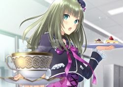 Rule 34 | &gt;:o, 1girl, :o, aimori meguru, aqua eyes, argyle, blunt bangs, blurry, blush, cafe, cake, corset, cropped jacket, cup, depth of field, food, foreshortening, frills, green hair, hand up, hat, highres, holding, holding plate, holding tray, indoors, lace ribbon, long hair, looking at viewer, mini hat, mini top hat, mole, mole under eye, neck ribbon, open mouth, original, plate, purple ribbon, ribbon, saucer, solo, teacup, top hat, tray, upper body, v-shaped eyebrows