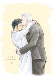 Rule 34 | 2boys, bad id, bad pixiv id, beard, black hair, black suit, blush, cigar, couple, cropped legs, dated, facial hair, formal, from side, glasses, goatee, hug, husband and husband, kiss, kissing forehead, kokorozashi, long sideburns, male focus, mature male, multiple boys, one piece, pectorals, short hair, sideburns, smoker (one piece), smoking, stubble, suit, trafalgar law, white hair, white suit, yaoi