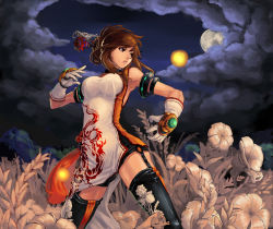 Rule 34 | 00s, 1girl, armlet, bare shoulders, black thighhighs, breasts, brown eyes, brown hair, chinese clothes, cloud, dungeon, dungeon and fighter, fighter (dungeon and fighter), fighting stance, floral print, flower, garter straps, gloves, hair ornament, hair stick, highres, moon, nen master, parted lips, qbspdl, serious, short hair, simple background, solo, thighhighs, white gloves