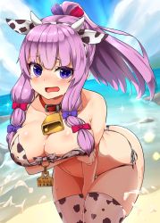 Rule 34 | 1girl, animal ears, animal print, ass, bare arms, bare shoulders, beach, bell, bikini, blue sky, blush, breasts, chiroshiron, cleavage, collar, cow ears, cow print, cowbell, cowboy shot, day, fake animal ears, fake horns, hairband, highres, horns, large breasts, leaning forward, long hair, looking at viewer, neck bell, ocean, open mouth, outdoors, patchouli knowledge, ponytail, purple eyes, purple hair, red collar, side-tie bikini bottom, sky, solo, string bikini, summer, swimsuit, thigh gap, thighhighs, touhou, wet, white bikini, white hairband, white thighhighs