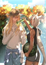 Rule 34 | 1boy, 1girl, ;o, animal ears, black hairband, black shirt, blonde hair, blue eyes, blue jacket, blurry, blurry background, body markings, bottle, caenis (fate), casual, clothes around waist, cloud, cropped shirt, dappled sunlight, dark-skinned female, dark skin, denim, extra ears, fate/grand order, fate (series), flower, food, fruit, gloves, grey shorts, hairband, hat, holding, holding bottle, holding hose, horse ears, hose, jacket, jacket around waist, jeans, kirschtaria wodime, long hair, long sleeves, looking at another, nail polish, one eye closed, open mouth, outdoors, pants, ponytail, ponytail holder, sabamori, shirt, shorts, sky, sleeveless, sleeveless shirt, straw hat, sunflower, sunlight, very long hair, watermelon, white gloves, white hair, white nails, white shirt, wince