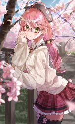 Rule 34 | 1girl, absurdres, bell, beret, black hat, black thighhighs, blush, cardigan, cherry blossoms, collared shirt, glasses, green eyes, grey sweater, hair bell, hair ornament, haru yu, hat, highres, hololive, jingle bell, looking at viewer, low twintails, neck bell, official alternate costume, pink hair, red-framed eyewear, sakura miko, sakura miko (casual), shirt, smile, solo, sweater, thighhighs, twintails, virtual youtuber, white shirt, yellow cardigan