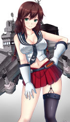 Rule 34 | 10s, 1girl, armor, black thighhighs, blush, breasts, brown hair, cleavage, gayprince, gloves, green eyes, hand on own hip, highres, kantai collection, large breasts, looking at viewer, midriff, navel, necktie, noshiro (kancolle), school uniform, serafuku, shiny skin, single thighhigh, skindentation, skirt, sleeveless, smile, solo, thighhighs, white gloves