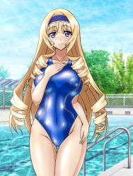 Rule 34 | 1girl, blonde hair, blue eyes, blue one-piece swimsuit, blue sky, breasts, cecilia alcott, chain-link fence, cloud, collarbone, commentary request, competition swimsuit, cowboy shot, day, fence, hairband, hand on own chest, infinite stratos, large breasts, long hair, looking at viewer, one-piece swimsuit, outdoors, pool, pool ladder, shiny clothes, sky, solo, swimsuit, tree, yurizuku owl