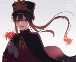 Rule 34 | 1boy, cape, crest, facing viewer, family crest, fate/grand order, fate (series), flower, hat, long hair, long sleeves, military uniform, oda nobukatsu (fate), oda uri, peaked cap, ponytail, red eyes, simple background, solo, spider lily, uniform, yzrh0