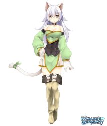 Rule 34 | 1girl, animal ears, animal hands, atelier-moo, bare shoulders, breasts, cat ears, cat girl, cat tail, cleavage, felin, full body, gloves, large breasts, long hair, miniskirt, paw gloves, ribbon, skirt, solo, tail, thighhighs, thighs, white hair, wizards symphony, yellow eyes, zettai ryouiki