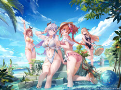 Rule 34 | 4girls, ahoge, arm support, arm up, ass, atelier (series), atelier resleriana, atelier ryza, bag, ball, basket, beach, beachball, bikini, black bow, black hair, black one-piece swimsuit, blonde hair, blue eyes, blue sky, bow, bow hairband, bracelet, braid, branch, breasts, broken horn, brown eyes, brown hair, bubble, bush, casual one-piece swimsuit, center opening, closed mouth, cloud, collared shirt, commentary request, copyright notice, day, demon horns, diffraction spikes, earrings, feet out of frame, floating hair, floral print, flower, flower earrings, foot out of frame, frilled bikini, frills, green eyes, hair between eyes, hair flower, hair ornament, hair ribbon, hair tubes, hairband, halterneck, handbag, hat, highleg, highleg bikini, highres, holding, holding basket, horns, jewelry, klaudia valentz, klaudia valentz (moonlit beach), large breasts, layered bikini, long braid, long hair, looking to the side, medium breasts, multiple bracelets, multiple girls, necklace, o-ring, o-ring bikini, o-ring top, ocean, official art, one-piece swimsuit, open mouth, parted lips, picnic basket, pink bikini, purple hair, reisalin stout, reisalin stout (sunlit beach), resna sternenlicht, resna sternenlicht (pretty summer), ribbon, sandals, see-through clothes, see-through shirt, shirt, shore, single braid, sitting, sky, smile, soaking feet, standing, standing on one leg, straw hat, swimsuit, teeth, thigh strap, tied shirt, tongue, u jie, upper teeth only, valeria (atelier), valeria (radiant summer) (atelier), very long hair, water, wet, white bikini, white flower, yellow bikini