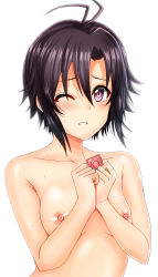 Rule 34 | 1girl, bad id, bad pixiv id, black hair, blush, breasts, collarbone, commentary request, condom, highres, idolmaster, idolmaster (classic), inu (marukome), kikuchi makoto, looking at viewer, nipples, one eye closed, open clothes, open shirt, purple eyes, shirt, short hair, small breasts, solo, sweat, upper body