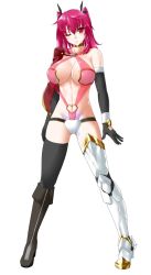 Rule 34 | 1girl, asymmetrical legwear, black gloves, black thighhighs, blush, boots, breasts, brown footwear, choker, closed mouth, elbow gloves, gloves, gluteal fold, highres, large breasts, looking at viewer, minarai tenna, navel, one eye closed, pink hair, red eyes, revealing clothes, simple background, single bare shoulder, single thigh boot, single thighhigh, solo, spread legs, standing, thigh boots, thighhighs, two side up, uneven legwear, white background