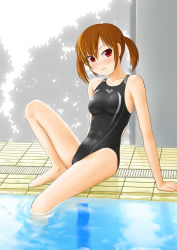 Rule 34 | 1girl, alternate color, arm support, barefoot, brown hair, competition swimsuit, one-piece swimsuit, original, pool, poolside, red eyes, ripples, short hair, sitting, soaking feet, solo, submerged, swimsuit, tk4, twintails, water