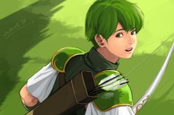 Rule 34 | 1boy, annelie, arrow (projectile), back, bad id, bad pixiv id, bow (weapon), dated, fire emblem, fire emblem: mystery of the emblem, gordin (fire emblem), grass, green eyes, green hair, male focus, nintendo, open mouth, quiver, solo, teeth, weapon