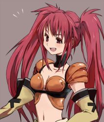 Rule 34 | 1girl, breasts, choker, elbow gloves, gloves, grey background, long hair, midriff, nanaly fletch, navel, open mouth, red eyes, red hair, tales of (series), tales of destiny 2, twintails