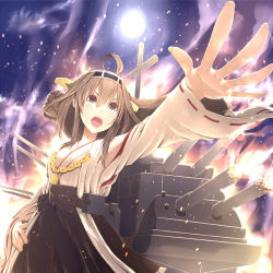 Rule 34 | 10s, 1girl, bare shoulders, blush, brown hair, cannon, detached sleeves, double bun, full moon, hair ornament, hairband, headgear, japanese clothes, kantai collection, kongou (kancolle), long hair, moon, night, night sky, nontraditional miko, open mouth, personification, skirt, sky, smoke, solo, soratoa, turret, water