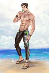 Rule 34 | 1boy, abs, beach, black hair, black male swimwear, brown eyes, bulge, cloud, cloudy sky, day, eating, flip-flops, food, forked eyebrows, genji (overwatch), highres, holding, holding food, jewelry, large pectorals, legskin, looking at viewer, male focus, male swimwear, muscular, muscular male, navel, necklace, nipples, ocean, outdoors, overwatch, overwatch 1, pectorals, popsicle, sandals, short hair, sideburns, sky, solo, summer, thick thighs, thighs, topless male, veins, veiny arms, water, wristband, zeilyanart