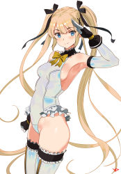 Rule 34 | 1girl, alternate costume, armpits, artist name, bare shoulders, black gloves, black ribbon, blonde hair, blue eyes, blunt bangs, blush, bow, bowtie, breasts, choker, clenched hand, closed mouth, covered navel, cowboy shot, dead or alive, dead or alive 5, detached sleeves, fingerless gloves, frilled choker, frilled leotard, frilled thighhighs, frills, gloves, groin, hair ribbon, halterneck, hand to head, hand up, highres, legs together, leotard, long hair, looking at viewer, marie rose, red bow, red bowtie, ribbon, salute, sideboob, sidelocks, simple background, single vertical stripe, skin tight, skindentation, small breasts, smile, solo, standing, thighhighs, turtleneck, twintails, very long hair, white background, white leotard, white thighhighs, yd (orange maru)