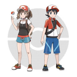 Rule 34 | 1boy, 1girl, asatsuki (fgfff), baseball cap, black footwear, black hair, black shirt, blue shorts, brown eyes, brown hair, chase (pokemon), closed mouth, collarbone, commentary request, creatures (company), elaine (pokemon), eyelashes, game freak, hand on own hip, hand up, hat, highres, jacket, knees, looking at viewer, nintendo, no socks, official style, poke ball, poke ball (basic), pokemon, pokemon lgpe, red headwear, shirt, shoes, short sleeves, shorts, smile, sneakers, split mouth, standing