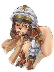 Rule 34 | 00s, 1girl, all fours, bottomless, breasts, brown hair, censored, cum, cum in mouth, cum on tongue, ejaculation, fellatio, final fantasy, final fantasy xi, gauntlets, hat, mihli aliapoh, mithra (ff11), mosaic censoring, non-web source, oral, penis, short hair, solo focus, sweat, tomotsuka haruomi, tongue, tongue grab, tongue out, tongue pull, torn clothes