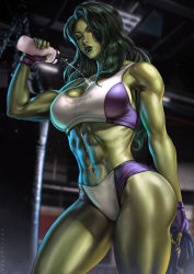 Rule 34 | 1girl, abs, arm behind back, artist name, biceps, black lips, blurry, blurry background, bottle, breasts, closed eyes, colored skin, dandon fuga, female focus, fingerless gloves, gloves, green hair, green skin, gym, highres, holding, holding bottle, large breasts, long hair, marvel, muscular, muscular female, navel, pouring, pouring onto self, punching bag, she-hulk, solo, sports bra, sportswear, standing, stomach, thermos, thick thighs, thighs, toned, two-tone sports bra, water, wavy hair, wet, wet clothes