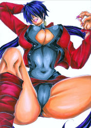Rule 34 | 1girl, absurdres, alternate hair color, boots, breasts, cleavage cutout, clothing cutout, covered navel, cropped jacket, dark persona, fat mons, fingernails, hair over eyes, highres, huge breasts, jacket, knee boots, large breasts, leotard, lipstick, long fingernails, long hair, makeup, mame otoko, miniskirt, nail polish, open clothes, open jacket, orochi shermie, purple hair, red hair, shermie (kof), skirt, smile, snk, solo, split ponytail, spread legs, the king of fighters, thick thighs, thighs, underboob, upskirt, white background