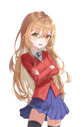 Rule 34 | 1girl, absurdres, aisaka taiga, black ribbon, black thighhighs, blazer, blue skirt, brown eyes, brown hair, buttons, collared shirt, commentary, cowboy shot, crossed arms, double-breasted, fang, hair between eyes, highres, jacket, light blush, long hair, looking at viewer, neck ribbon, oohashi high school uniform, open mouth, pian717, pleated skirt, red jacket, ribbon, school uniform, shirt, simple background, skirt, solo, standing, thighhighs, toradora!, very long hair, white background, white shirt