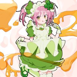 Rule 34 | 1girl, amulet clover, apron, caramel, closed mouth, clover hair ornament, dress, gloves, green apron, green dress, green footwear, green ribbon, hair ornament, hair ribbon, highres, hinamori amu, holding, holding whisk, pink hair, ribbon, sakuragi mochi, shugo chara!, smile, solo, thighhighs, tongue, tongue out, twintails, whisk, white background, white gloves, white ribbon, white thighhighs, yellow eyes