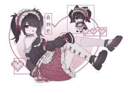 Rule 34 | 1girl, ame-chan (needy girl overdose), animal ears, black eyes, black footwear, black hair, black shirt, bow, cat ears, character name, chibi, choker, commentary, dress, english commentary, frilled choker, frilled shirt, frilled skirt, frills, full body, gihwa, hair ornament, hair over one eye, hairband, heart, highres, lolita hairband, looking at viewer, multiple views, needy girl overdose, off-shoulder shirt, off shoulder, plaid, plaid skirt, red bow, red choker, red dress, red hairband, red skirt, shirt, shoes, sitting, skirt, socks, tongue, tongue out, twintails, white socks, x hair ornament