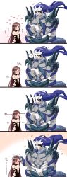 Rule 34 | &gt; &lt;, 1boy, 1girl, 4koma, absurdres, bare shoulders, black dress, black gloves, blue hair, blush, breasts, brown eyes, brown hair, cleavage, collarbone, comic, commentary request, couple, dress, elbow gloves, embarrassed, extra arms, fate/grand order, fate (series), full-face blush, gloves, headpat, heart, height difference, hetero, highres, holding, holding paper, husband and wife, long hair, looking at another, medium breasts, muscular, muscular male, paper, pink background, revealing clothes, seeds328, translation request, trembling, very long hair, wavy mouth, white background, xiang yu (fate), yellow eyes, yu mei-ren (fate)