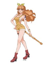 Rule 34 | 1girl, absurdres, arm tattoo, boots, bra, bracelet, brown eyes, commentary, eiriseth, floating hair, hand on own hip, headband, high heel boots, high heels, highres, holding, holding stick, jewelry, long hair, looking to the side, nami (one piece), one piece, orange hair, orange overalls, overalls, red footwear, sidelocks, simple background, solo, stick, tattoo, underwear, white background