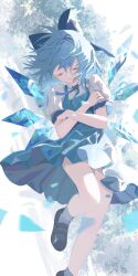 Rule 34 | 1girl, black footwear, blue bow, blue dress, blue hair, bow, cirno, closed eyes, closed mouth, detached wings, dress, fairy, hair bow, highres, ice, ice wings, pinafore dress, shirt, shoes, short hair, short sleeves, sleeveless, sleeveless dress, socks, solo, touhou, uroam, white shirt, white socks, wings
