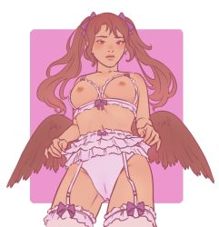 Rule 34 | 1girl, border, bow, bow panties, bra, breasts, brown eyes, brown hair, cupless bra, earrings, estrelloso, garter straps, hair ribbon, himekaidou hatate, jewelry, light blush, lingerie, lips, long hair, looking at viewer, low wings, medium breasts, nipples, panties, purple background, ribbon, simple background, solo, spanish commentary, thighhighs, touhou, twintails, underwear, white border, wings