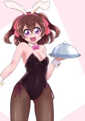 Rule 34 | 1girl, alternate costume, animal ears, black leotard, boh stick, bow, bowtie, breasts, brown hair, cleavage, collar, commentary, cowboy shot, delicious party precure, detached collar, earrings, fake animal ears, grey pantyhose, hair ribbon, highres, holding, holding tray, jewelry, leotard, looking at viewer, medium breasts, medium hair, nagomi yui, open mouth, pantyhose, pink bow, pink bowtie, pink ribbon, playboy bunny, precure, purple eyes, rabbit ears, ribbon, side-tie leotard, smile, solo, standing, strapless, strapless leotard, stud earrings, tray, two side up, white collar, wing collar, wrist cuffs