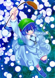 Rule 34 | 1girl, arm up, backpack, bag, blouse, blue background, blue eyes, blue hair, boots, breasts, cattail, danmaku, female focus, flying, foreshortening, hair bobbles, hair ornament, hat, holding, kawashiro nitori, key, leg up, long sleeves, looking away, matching hair/eyes, plant, pocket, randoseru, seaweed, shirt, short hair, skirt, solo, spell card, strap, tanakana, tanakata, touhou, twintails, two side up, wind, wind lift