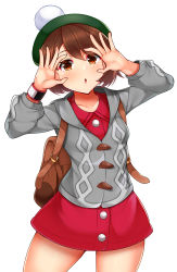 Rule 34 | 1girl, arms up, backpack, bag, beret, blush, breasts, brown eyes, brown hair, commentary request, cowboy shot, creatures (company), daichi (tokoya), dress, game freak, gloria (pokemon), green hat, grey jacket, hat, highres, jacket, long sleeves, looking at viewer, nintendo, parted lips, partial commentary, pokemon, pokemon swsh, red dress, short dress, short hair, simple background, small breasts, solo, standing, thighs, white background, wristband