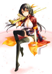 Rule 34 | &gt;:/, 1girl, :/, bad id, black hair, black thighhighs, breasts, cleavage, fuumi (radial engine), gun, holding, large breasts, long hair, looking at viewer, orange eyes, original, pleated skirt, rifle, sitting, skirt, solo, thighhighs, twintails, v-shaped eyebrows, weapon, zettai ryouiki