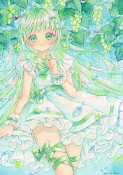 1girl absurdres amu_(m_aa) artist_name blush bow closed_mouth cowboy_shot dated dress food frilled_sleeves frilled_wristband frills fruit grape_vine grapes green_bow green_eyes green_hair green_ribbon green_sailor_collar highres holding_grape leaf long_hair looking_at_viewer muscat original painting_(medium) ribbon sailor_collar sailor_dress short_sleeves signature smile solo standing traditional_media very_long_hair water_drop watercolor_(medium) white_dress wristband