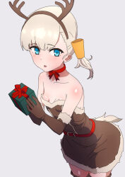 Rule 34 | alternate costume, antlers, blonde hair, blue eyes, blunt bangs, box, breasts, brown dress, brown gloves, choker, comala (komma la), dress, fake antlers, fur-trimmed dress, fur-trimmed gloves, fur trim, gift, gift box, gloves, grey background, hair ornament, highres, horns, kantai collection, long hair, red choker, red ribbon, reindeer antlers, ribbon, shin&#039;you (kancolle), simple background, small breasts