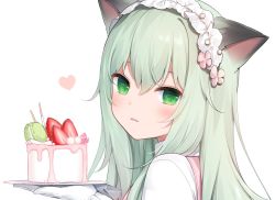 Rule 34 | 1girl, amashiro natsuki, animal ears, blonde hair, blush, cat ears, commentary, flower, food, frilled hairband, frills, from side, fruit, gloves, green eyes, hair flower, hair ornament, hairband, heart, holding, holding tray, long hair, looking at viewer, looking to the side, original, parfait, parted lips, shirt, simple background, smile, solo, strawberry, symbol-only commentary, tray, white background, white gloves, white shirt