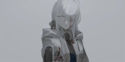 Rule 34 | 1girl, black necktie, blood, blood on clothes, blood on face, breasts, chihuri, collared shirt, drawstring, grey background, grey eyes, grey hair, gun, hair over one eye, handgun, highres, holding, holding gun, holding weapon, hood, hood down, hooded jacket, jacket, long hair, medium breasts, necktie, open clothes, open jacket, original, parted lips, pistol, shirt, simple background, sketch, solo, upper body, weapon, white jacket, white shirt, zoya petrovna vecheslova