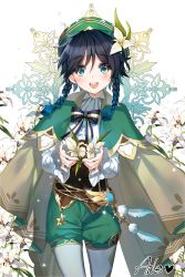 Rule 34 | 1boy, aile (crossroads), beret, black hair, blue hair, blush, braid, brooch, buttons, cape, collared shirt, corset, flower, genshin impact, gradient hair, green cape, green eyes, green hat, green shorts, hat, hat flower, hat ornament, highres, jewelry, leaf, long sleeves, looking at viewer, multicolored hair, open mouth, pantyhose, shirt, short hair, short hair with long locks, shorts, sidelocks, smile, solo, thighs, twin braids, venti (genshin impact), white pantyhose, white shirt