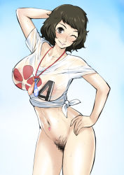 Rule 34 | 1girl, akisora, bikini, black hair, blush, bottomless, breasts, brown eyes, brown hair, censored, condom, covered erect nipples, female pubic hair, kawakami sadayo, large breasts, mosaic censoring, navel, navel piercing, one eye closed, parted lips, persona, persona 5, piercing, pubic hair, see-through, shirt, short hair, short sleeves, smile, solo, standing, swimsuit, t-shirt, thighs, used condom, wet, wet clothes, wink
